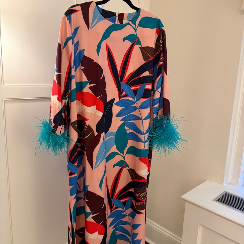 Tuckernuck Multicolor Long Sleeve Dress with Feather Trim